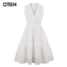 OTEN 2018 S-4XL de talla grande ropa del verano de las mujeres sin mangas de Sexy señoras traje de fiesta de longitud de la rodilla pin up vestido blanco elegante