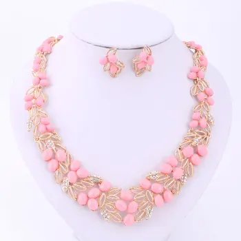 

Fashion Jewelry Sets Pendant Necklace High Quality Pink Resin Alloy Necklace Women's Bride Necklace Earrings Set