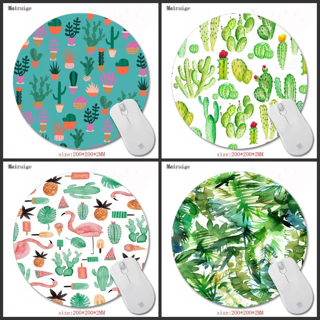 Mairuige Print Round Blue Mouse Pad Leaves and Cactus Customize Your Own September Image Good Quality Non-slip Table Mats