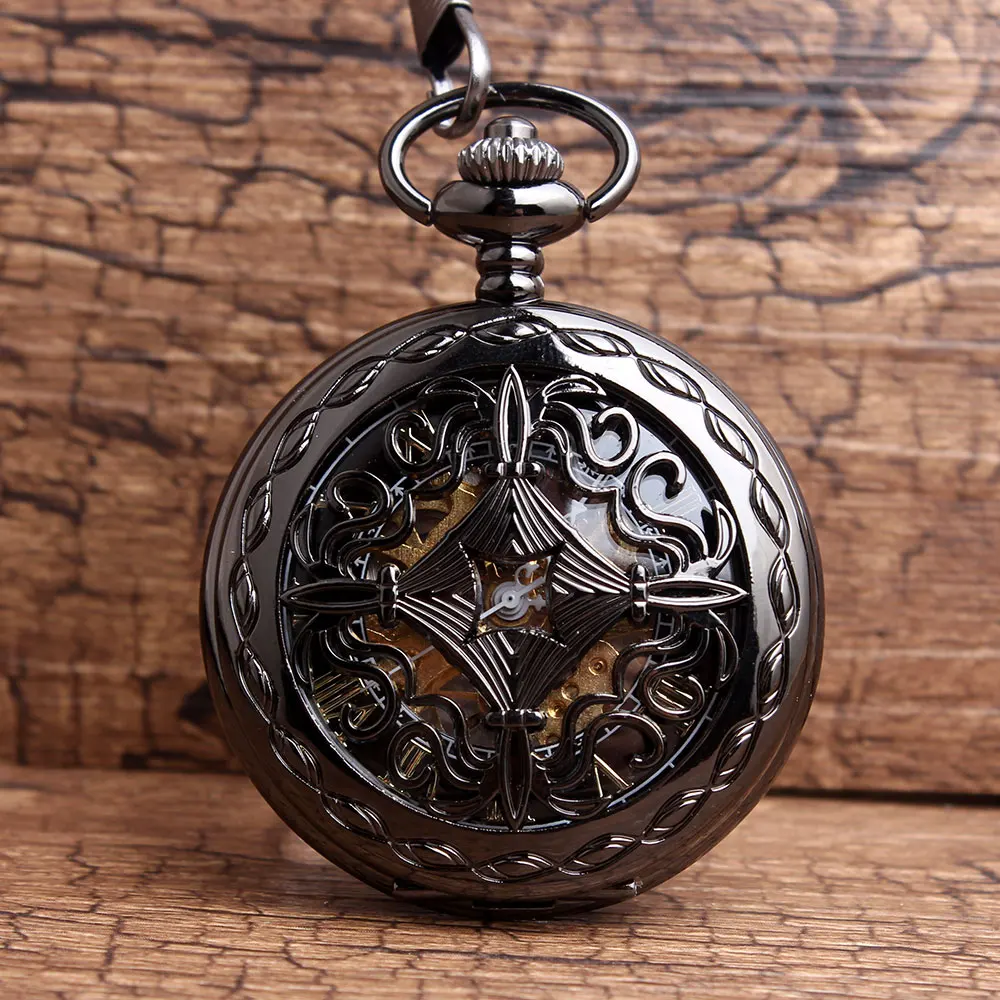 Vintage Black Full Steel Hollow Mechanical Pocket Watch For Mens Steampunk Skeleton Watches Hand