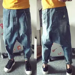 Свободные мешковатые джинсы-шаровары мужские хип-хоп Ripple Джинсы джинсовые штаны уличная низкая промежность рваные джинсы голубые, брюки