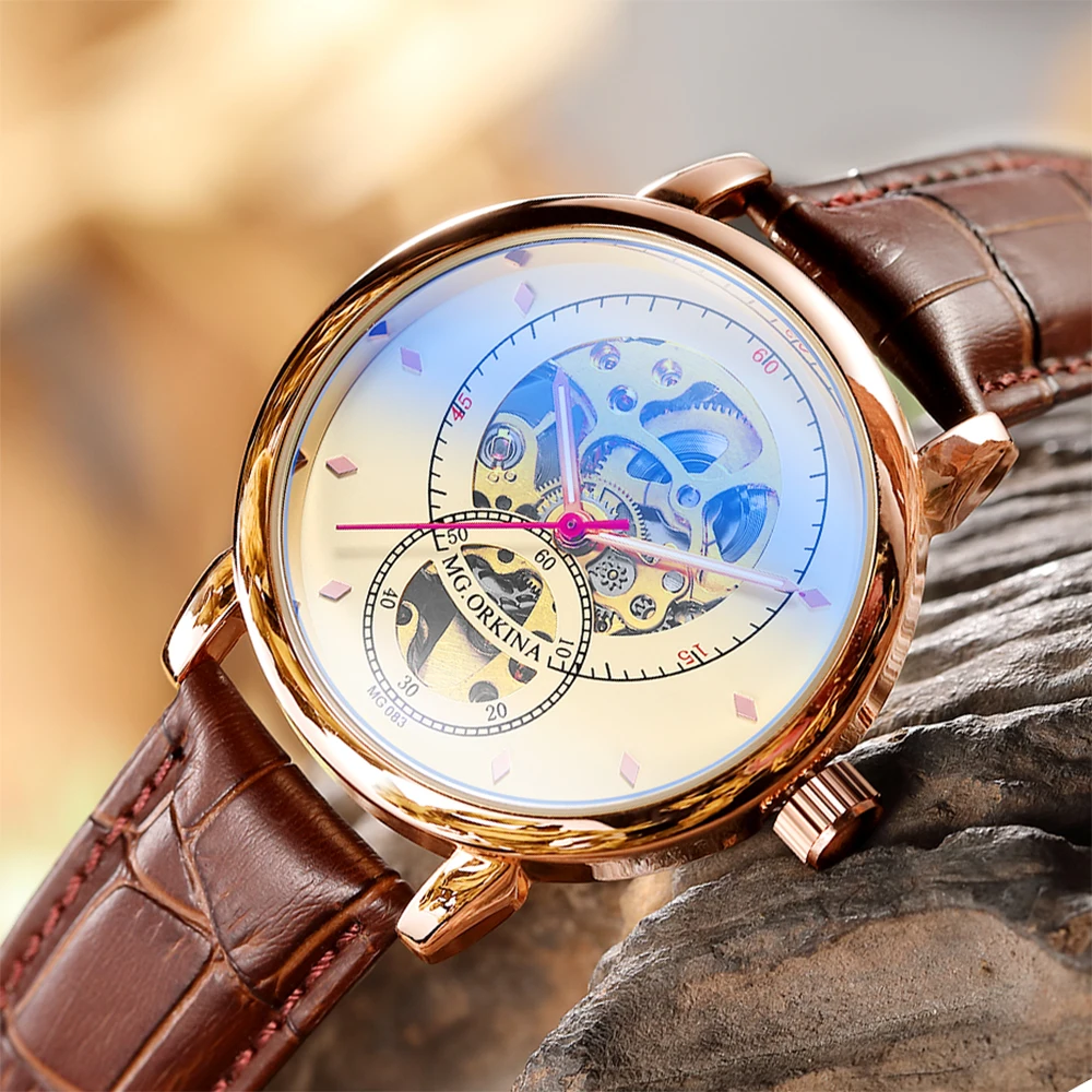 Tanie Relojes Hombre 2019 nowy projekt szkielet mechaniczny zegarek ORKINA automatyczna skóra siatka ze stali nierdzewnej pasek Relogio Masculino