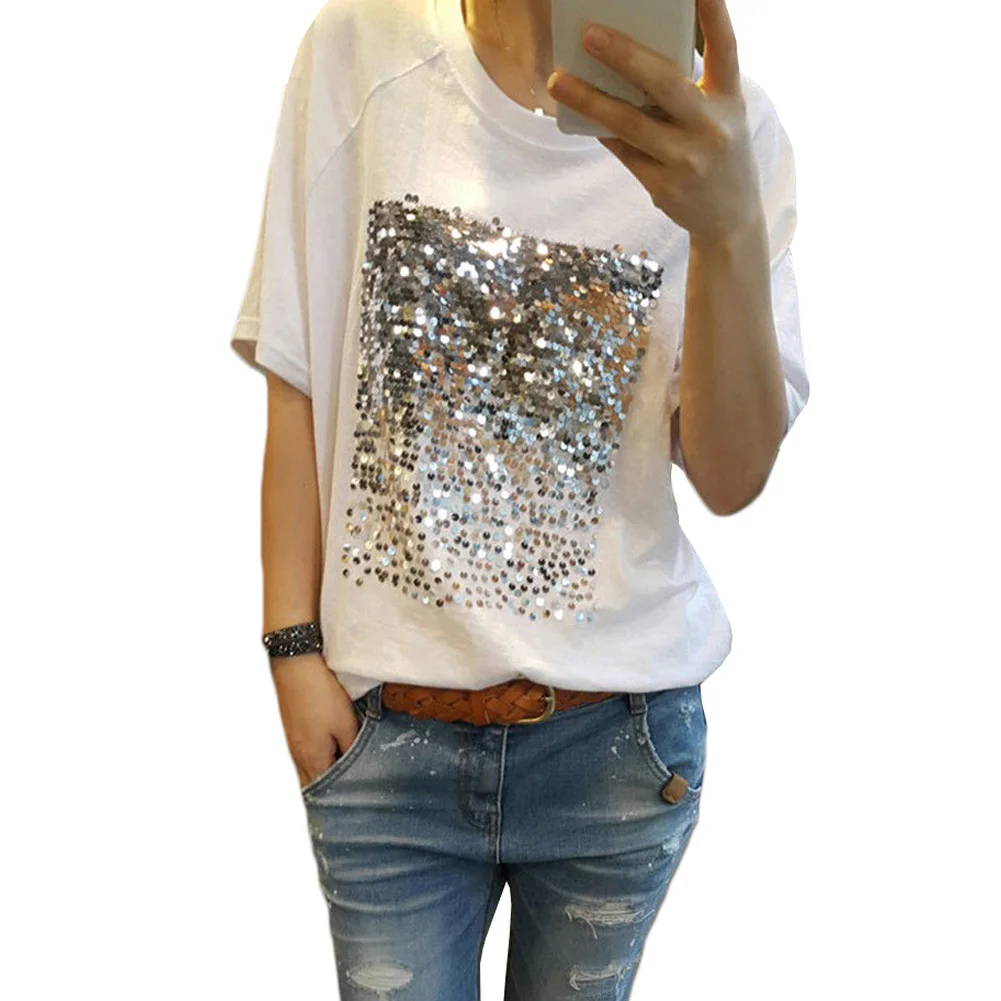 

New Fashion T Shirt Women Tops Short Sleeve O-Neck Cotton Tees White Black Casual Summer Rhinestone Camisetas Mujer female tee