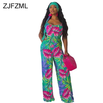 

Leaves Print Sexy Romper Women Jumpsuit Summer Spaghetti Strap Backless Wide Leg Overall Retro O Neck Sleeveless Sashes Bodysuit