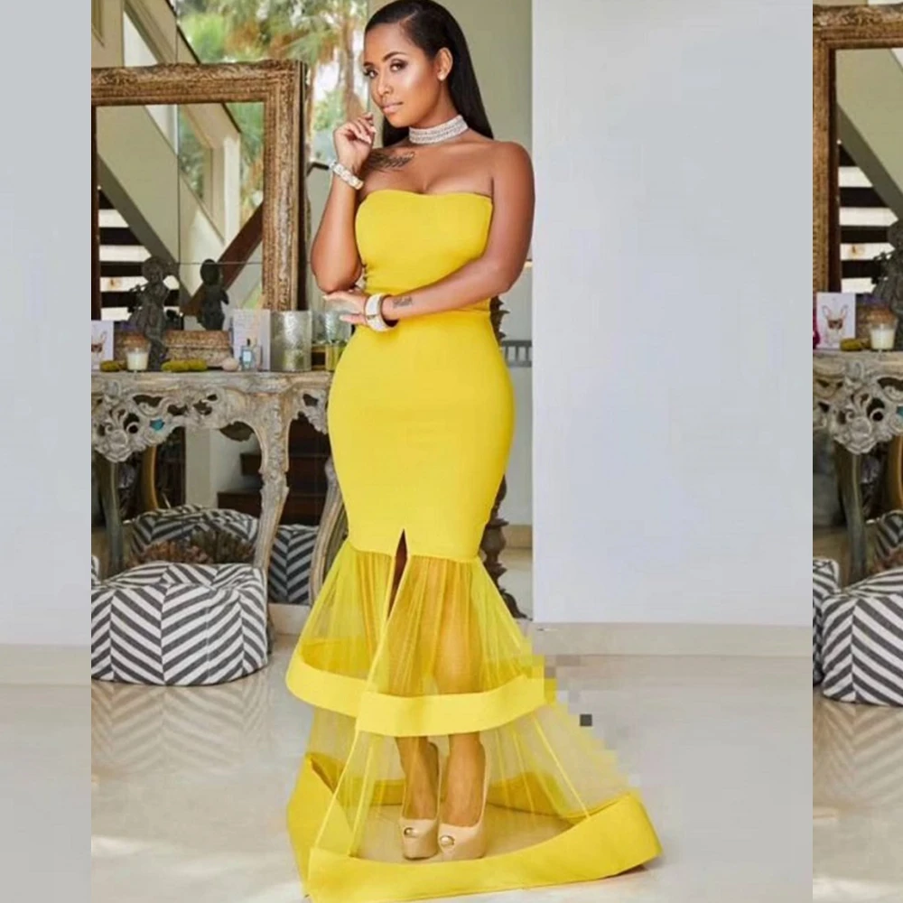 

2018 Fashion Yellow Bandage Dress Maxi Strapless Patchwork Women Elegant Mesh Split Summer Evening Celebrity Party Dresses Festa