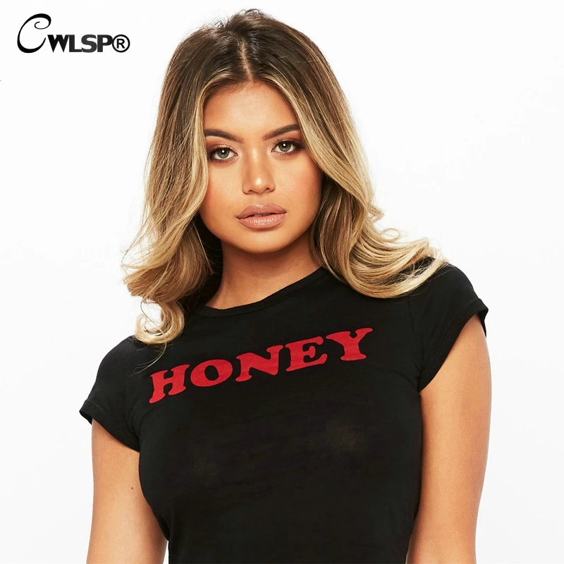 CWLSP Женская летняя футболка топы с надписью HONEY Повседневная хлопковая Футболка