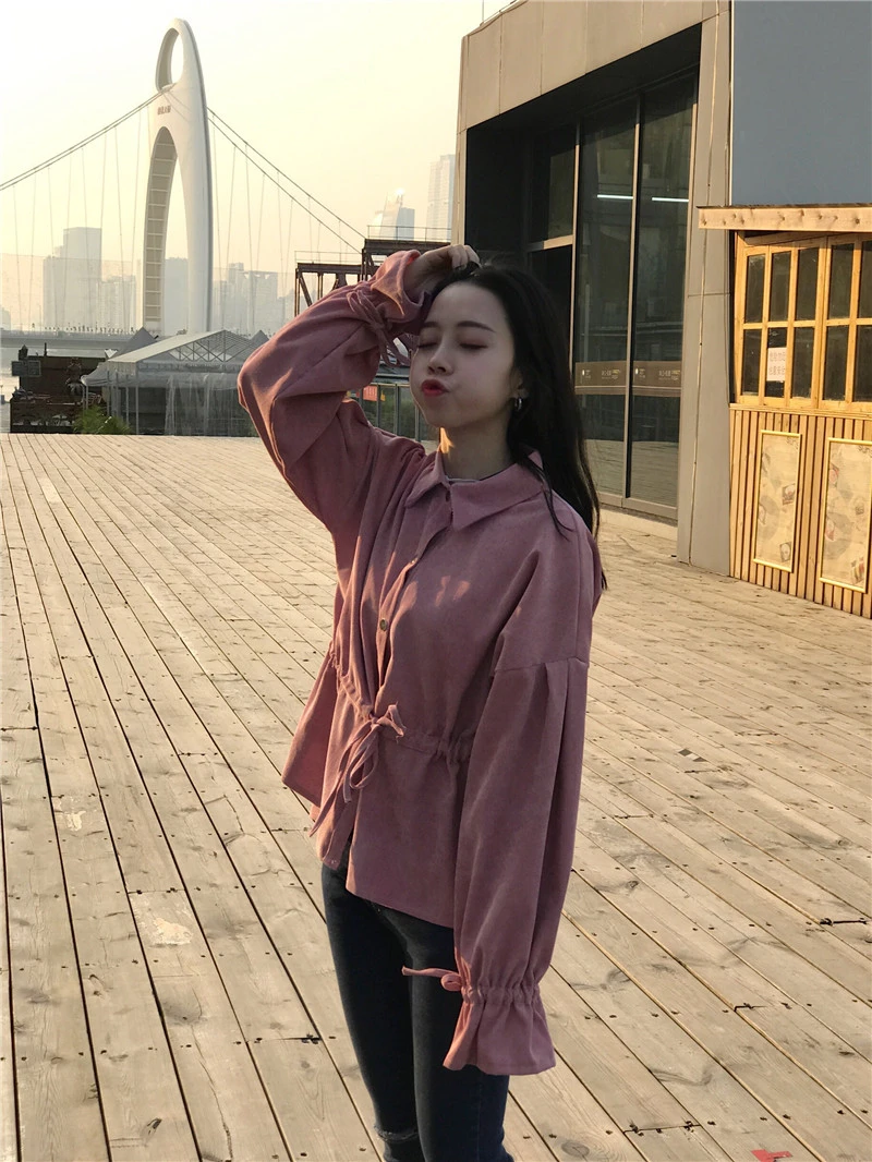 Вельветовые корейские женские рубашки с расклешенными рукавами, одноцветные повседневные топы с эластичным рукавом, свободный эластичный пояс размера плюс, высокое качество
