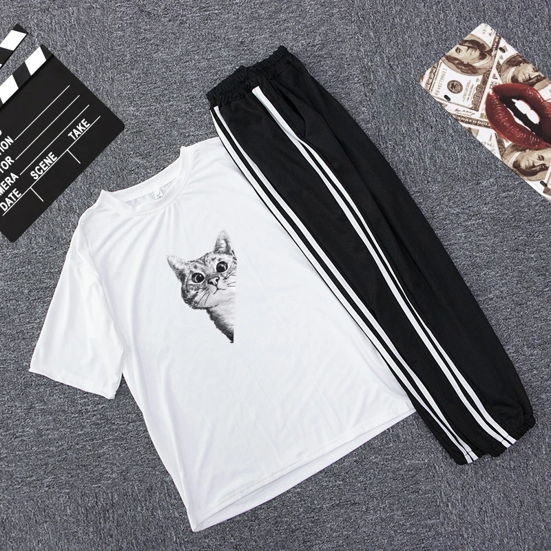 

Fashion Cartoon Cotton Women Casual Summer Clothes Lovely Kitty Printed Tshirt Suit Femme Running Sportswear Sets Top And Pants