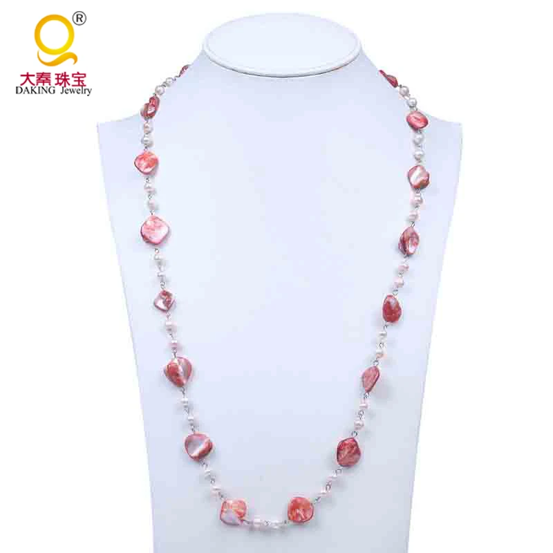 

2016 trendy unique pink tooth shell necklace real cultured potato freshwater pearl jewelry for women sweater chain