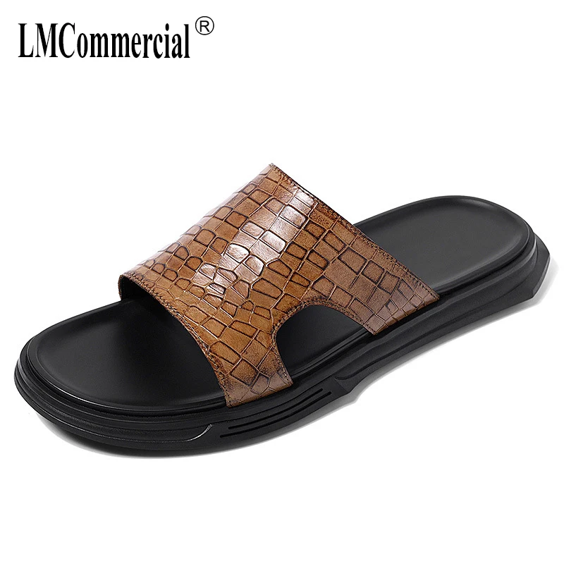 

Mens slippers Summer outdoor Korean casual beach shoes male all-match cowhide fender summer men genuine leather slippers