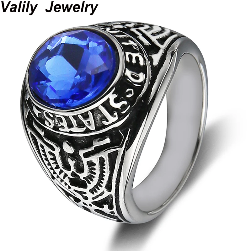 

Valily Jewelry Men's United States Army Ring with Red/Green/black CZ stone Stainless Steel Vintage US Military Ring for Women