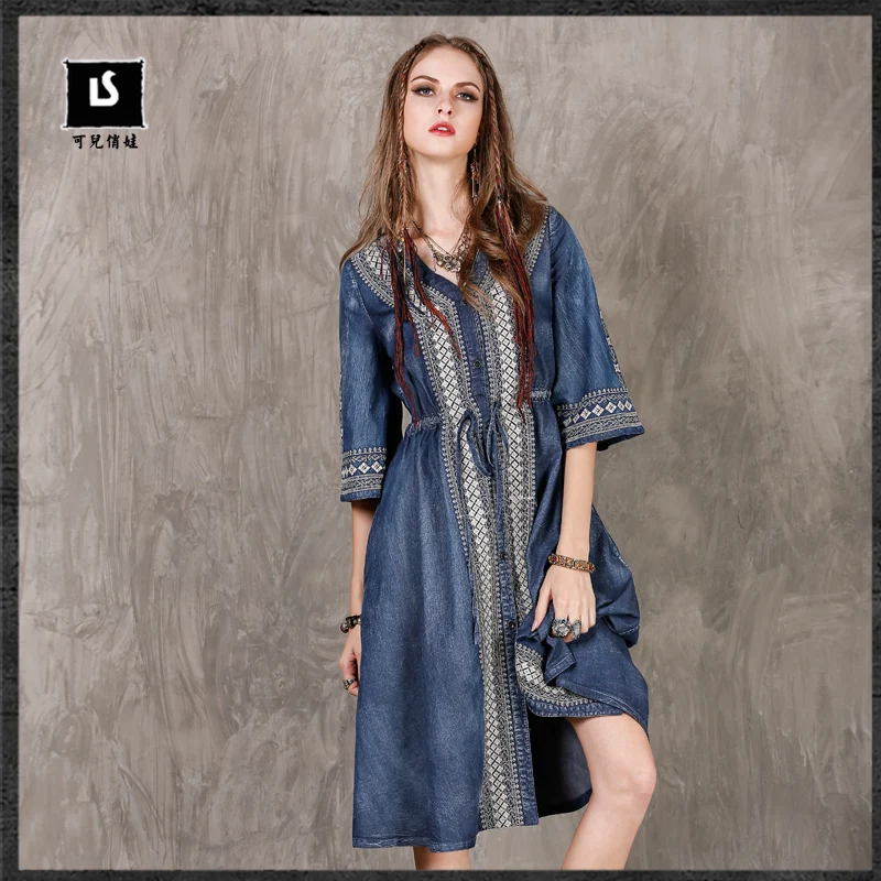 

Women 's Clothing Ethnic Style 2017 TaYingLou Summer New Embroidery Large Yards Denim Dress V-Neck Half Sleeve String Waist Dres