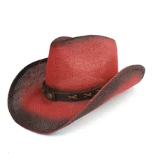 Women Men Straw Hollow Western Cowboy Hat Lady Red Bohemia Tassel Sombrero Fedora Beach Cowgirl Jazz Sun Hat Size 58CM