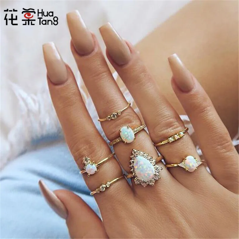 

HuaTang Bohemian Charming Gold Ring Geometric Crystal Waterdrop Opals Ring Sets Knuckle Midi Rings Anillos Rings Jewelry 6623