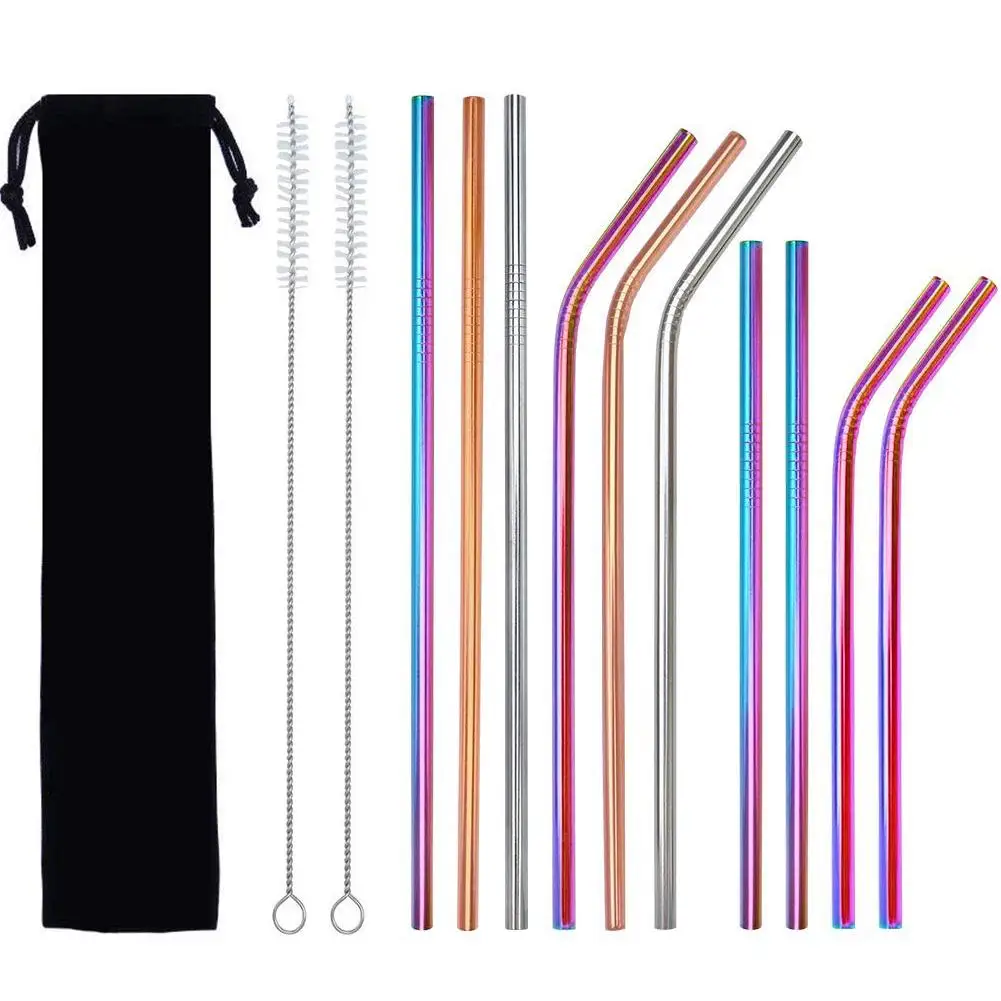 

12Pcs Reusable Metal Drinking Straw Stainless Steel Sturdy Bent Straight Drinks Straws With Cleaner Brush Party Bar Accessory