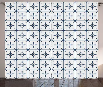 

Dutch Curtains Classical Holland Delft Pattern with Checkered Squares with Flower Motifs Living Room Bedroom Window Drapes Dark