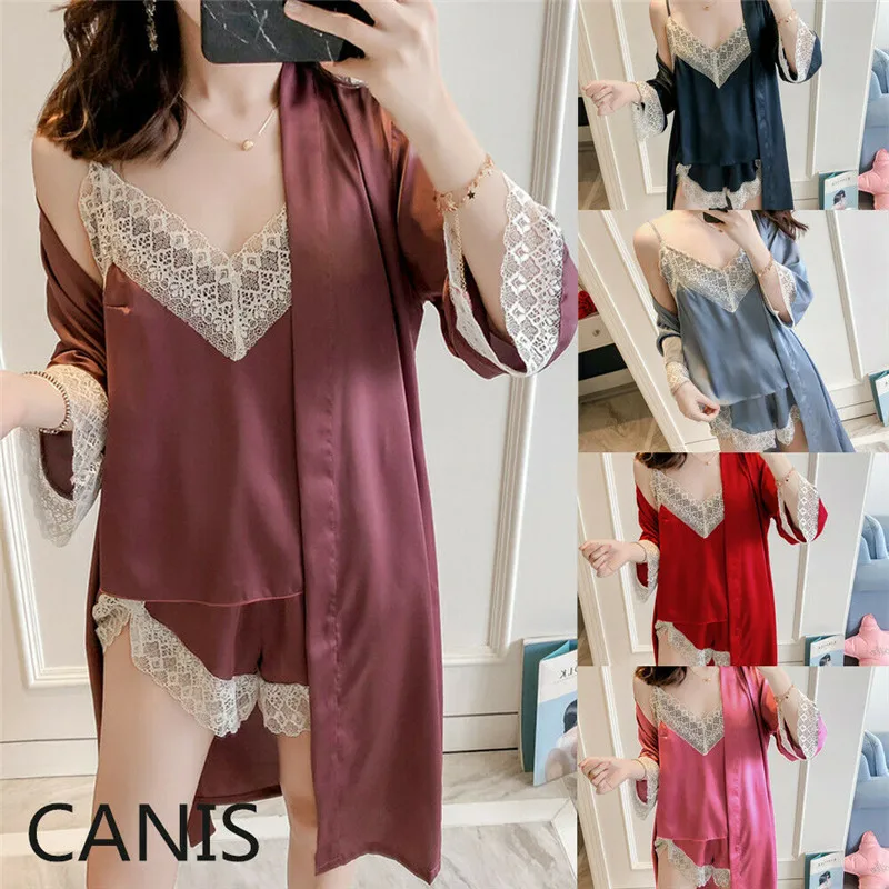Blusas mujer de moda 2019 женская одежда для сна комплект из 3 предметов кружевная мягкая топ