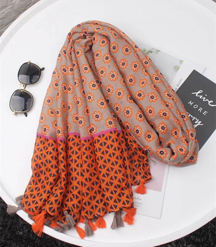 

KYQIAO women hijab scarf female autumn spring Mexico style hippie long printed tassels head scarf muffler shawl wrap