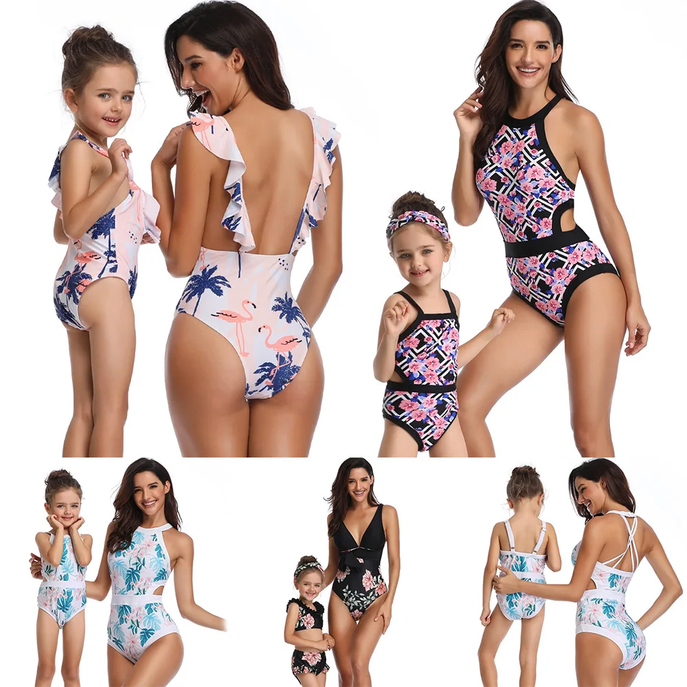 Слитный купальник для мамы и дочки; купальный костюм с пуш-ап; одинаковые комплекты; Монокини; купальный костюм с принтом; пляжная одежда с принтом; сезон лето