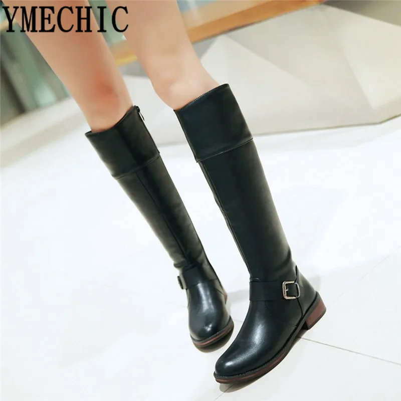 

YMECHIC 2018 Winter Knight Women Boots Female Chunky Heel Buckle Strap Long Knee High Riding Boots Black Red Ladies Shoes Botas