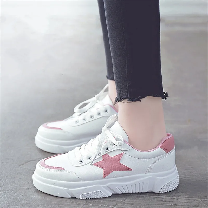 

New 2019 Fashion Women Vulcanized Shoes Sneakers Ladies Lace-up Casual Shoes Breathable Walking Shoes Women White Flats