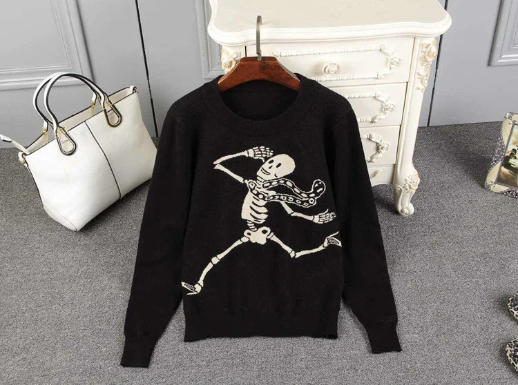 Women's Knitted Sweater Yang's Same Skeleton Pattern Black Sweater 2019 Pullovers O-Neck Wool Black Women Sweater