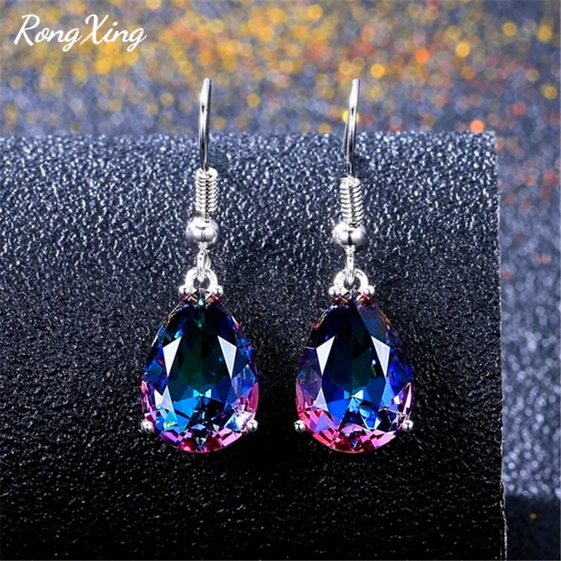 RongXing 925 Silver Filled Multicolor Zircon Engagement Earrings for Women Mystic Rainbow Stone Water Drop Earring Wedding Gifts