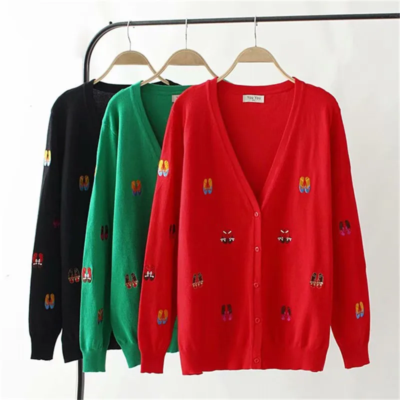 

Large size Knit Sweater Cardigan Jacket Women 2019 Spring Autumn Embroidery Fashion Thin Sweaters Female V-neck Casual Tops G61