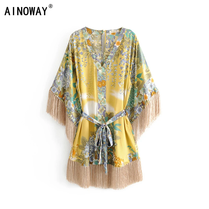 

Vintage Chic women floral print deep V-neck sashes tassel Bohemian mini dress kimono ladies short sleeve Boho dresses vestidos