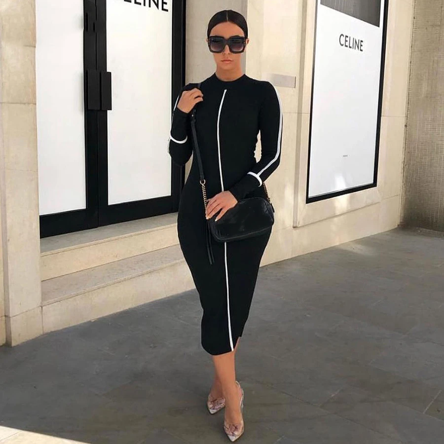 2019 ربيع جديد أسود أبيض عالية الشارع فساتين المرأة أنيقة bodycon فساتين متوسطة الطول موهير ملأا السيدات أزياء عارضة ضئيلة اللباس