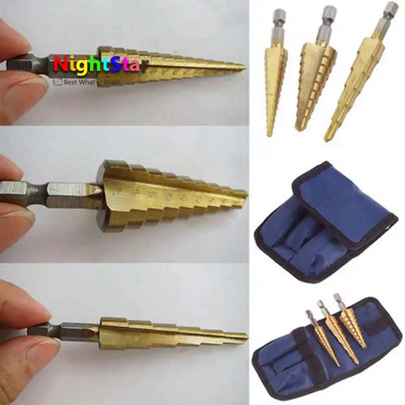 

3PCS Steel Titanium Coated Step Drill Bit Quick-change 1/4" Hex Shank Step Cone Drill Bit Hole Cutter w/ Bag
