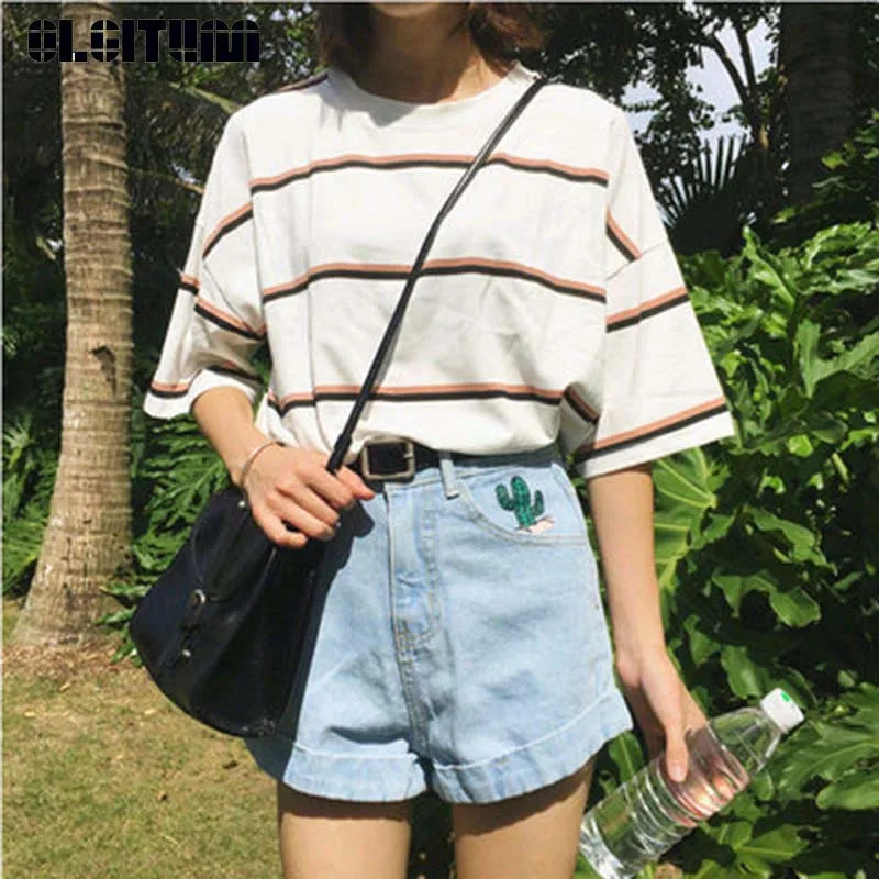 

New 2019 T-Shirt Women Solid Color Striped White Short-Sleeved Women Student College Fashion Leisure Chic T-Shirt TT454