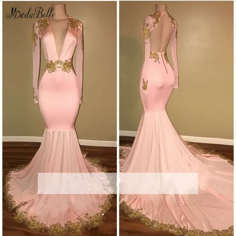 

modabelle Pink Prom Dress With Gold Appliques Vestidos Gala Long Sleeve Sexy Backless Prom Dresses 2019 Gala Jurken Dames