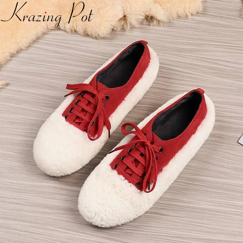 

Krazing pot 2018 brand ballet flats round toe fur mixed colors all-match elegant lace up keep warm winter office lady shoes L08