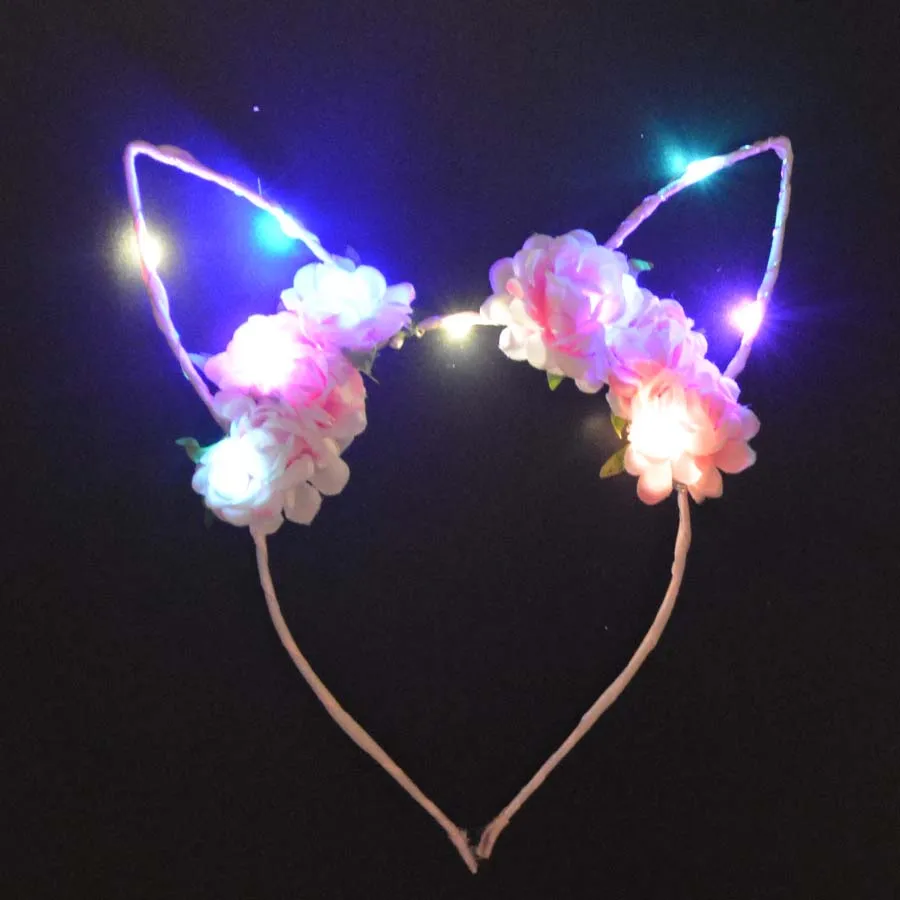 Кружевные кошачьи ушки, мигающий ободок, светящаяся повязка на голову, головной убор на Хэллоуин, светящийся, концертный, Свадебный, Рейв, светодиодный вечерние принадлежности - Цвет: pink bunny