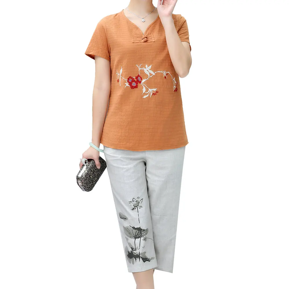 Oriental Women Summer Twinset Cotton Linen Blouse And Cropped Trouser Suits Two Piece Pants Sets Outfits Clothes Pink Blue 2019 Oriental Women Summer Twinset Cotton Linen Blouse And Cropped Trouser Suits Two Piece Pants Sets Outfits Clothes Pink Blue 2019