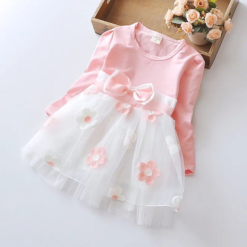 

2019 Autumn children Baby dress Flower Tutu ball princess dresses Infant Toddler clothing Bow knot Girls clothes Blue Pink Red