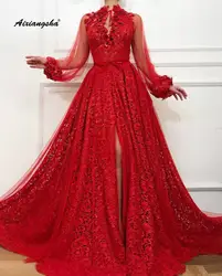 Красное вечернее платье с высоким воротником и длинными рукавами; Новинка 2019 года; вечерние платья с разрезом для особых случаев; длинные
