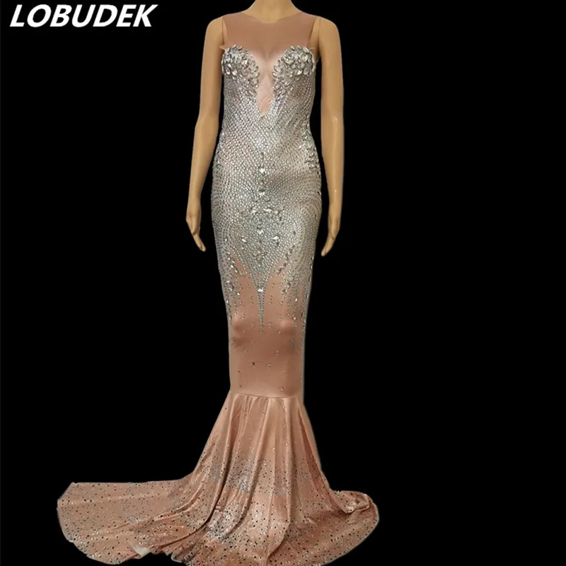 

Sparkly Silver Rhinestones Long Mermaid Dress Birthday Evening Performance Dresses Nightclub Women Singer Host Fishtail Dress