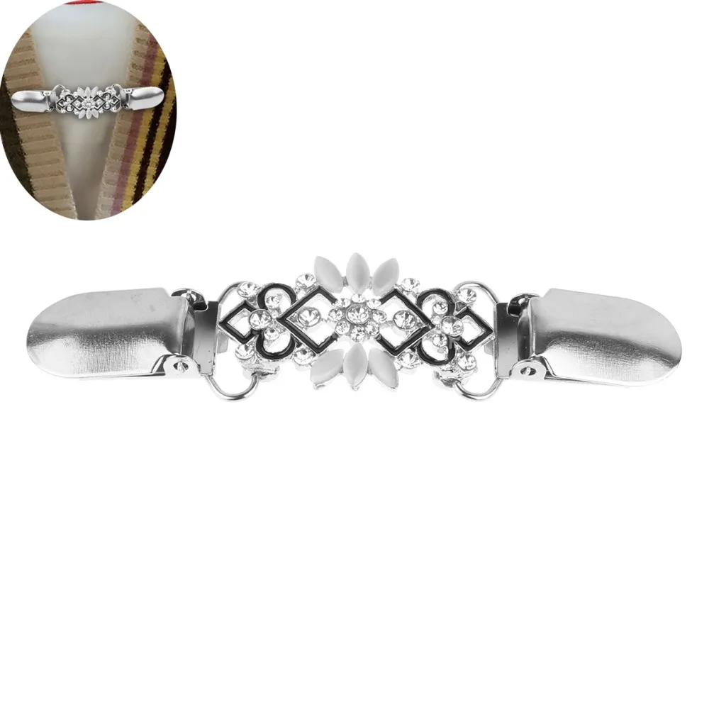 

New Women Crystal Flower Cardigan Clips Black Silver Sweater Clip Shawl Cardigan Shirt Collar Clips Duck mouth Clasps Holder