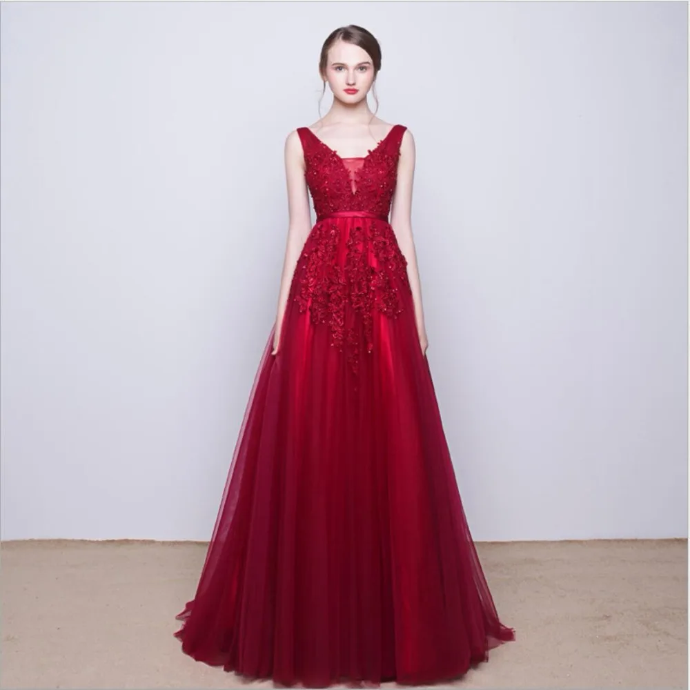 

Navy Blue Pink Grey V Neck Long Lace Appliques Prom Dresses Tulle A Line Gray Red Evening Dress Prom Gown Real Photos DQG008