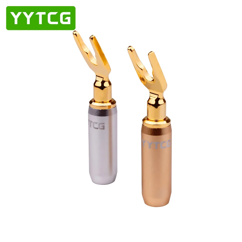 YYTCG 4Pcs/lot Y/U Type Pure Copper Speaker Plugs 24k Gold-plated Speaker Cable Plug Banana Connector