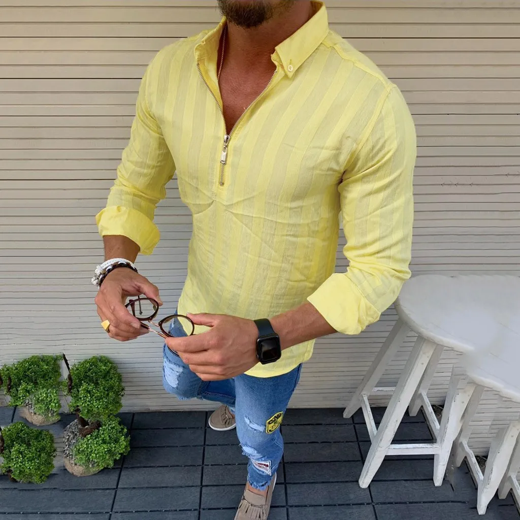 camisa masculina Summer men's Shirt casual striped stand collar Long sleeve Zipper shirt Top hawaiian shirt chemise Yellow Black