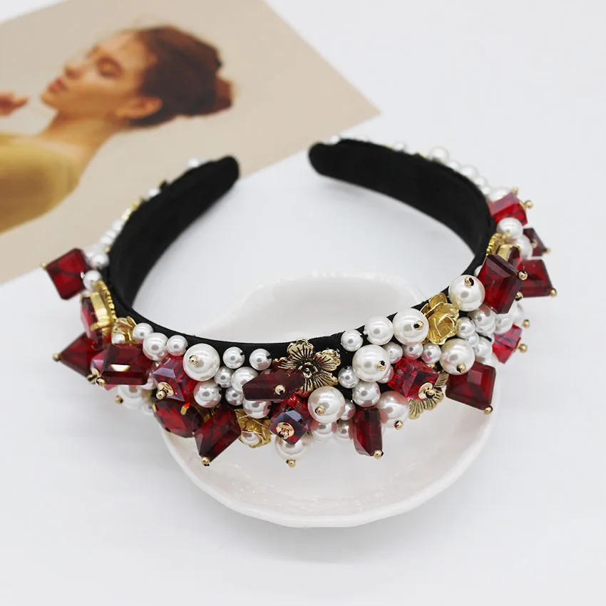 

Baroque Personality wild headband crystal pearls headband catwalk dance party luxury wild iron flower multicolor headband 1015