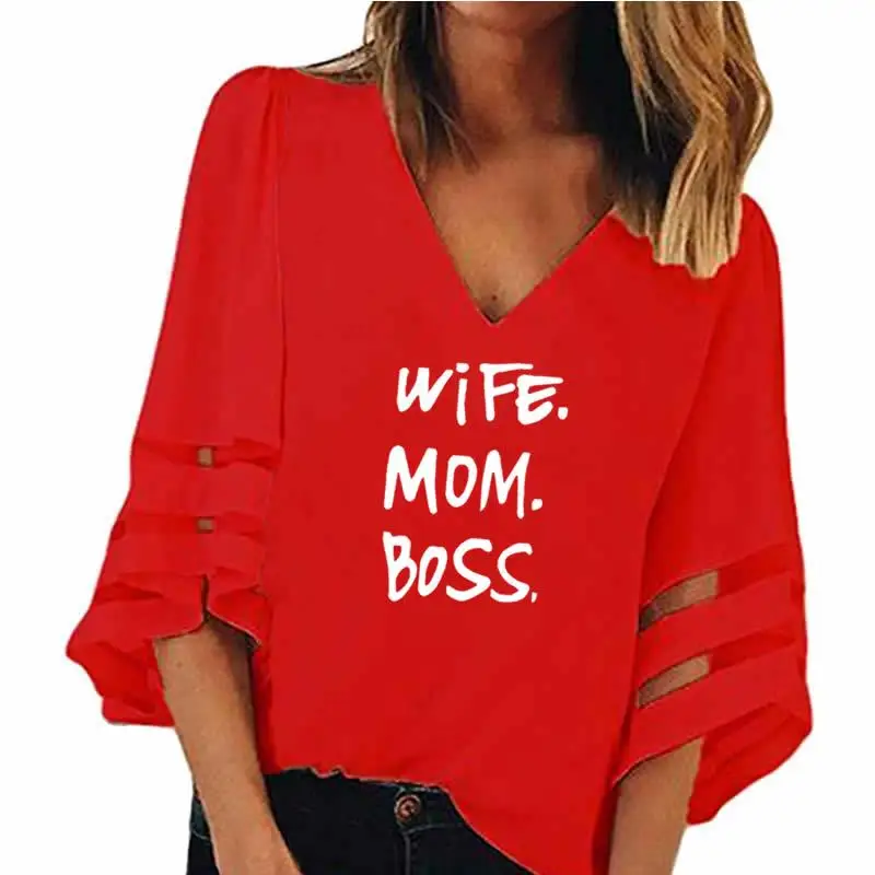 2021 Новая мода жена принт &quotMOM BOSS&quot Топы футболка женский свободный сетки