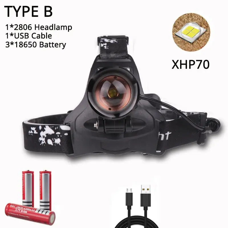 Мощный XHP70.2, супер яркий светодиодный налобный фонарь, перезаряжаемый через USB, Головной фонарь XHP70, фонарь, 3*18650, аккумулятор, для рыбалки, кемпинга - Испускаемый цвет: B