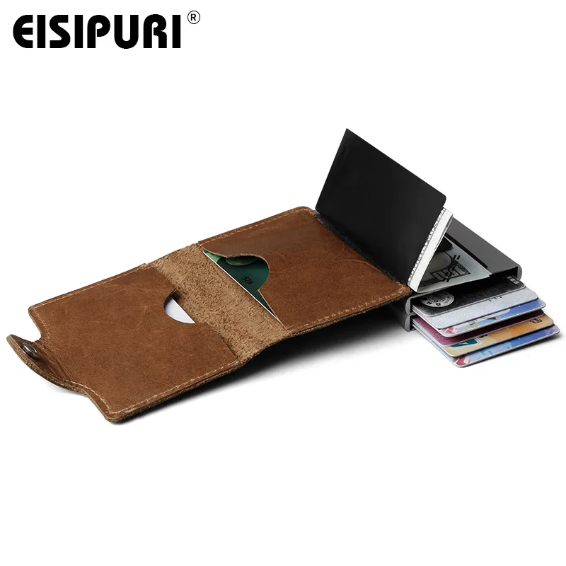 EISIPURI Men Genuine Leather double Metal Credit Card Holder Aluminium RFID Blocking Wallet Hasp Mini Vintage Wallet Hold Cards wallet card holder credit card holder