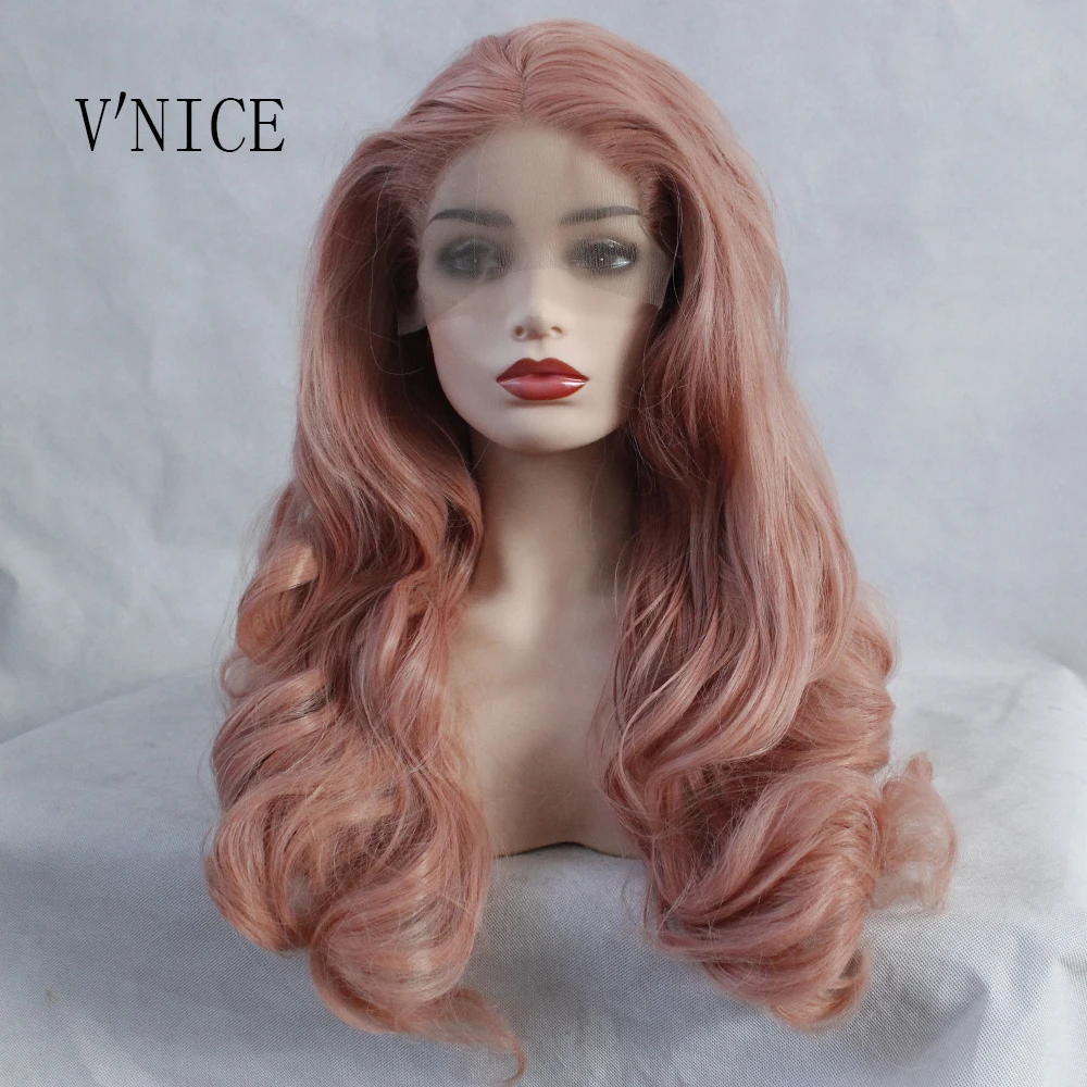 V'NICE средняя часть волнистый парик, завязанный вручную персиковый красный цвет, волнистые, устойчивые к нагреву волос Косплей Синтетические Кружева передние парики для женщин