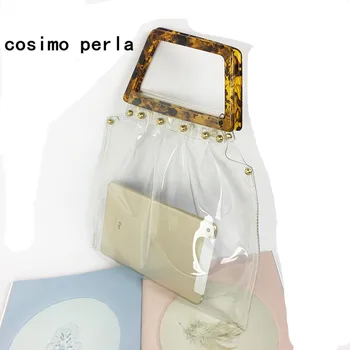 

Retro Acrylic Handle Transparent Jelly Totes Brand Design Summer PVC Clear Handbag Satchel Travel Shopping Big Women Beach Bags