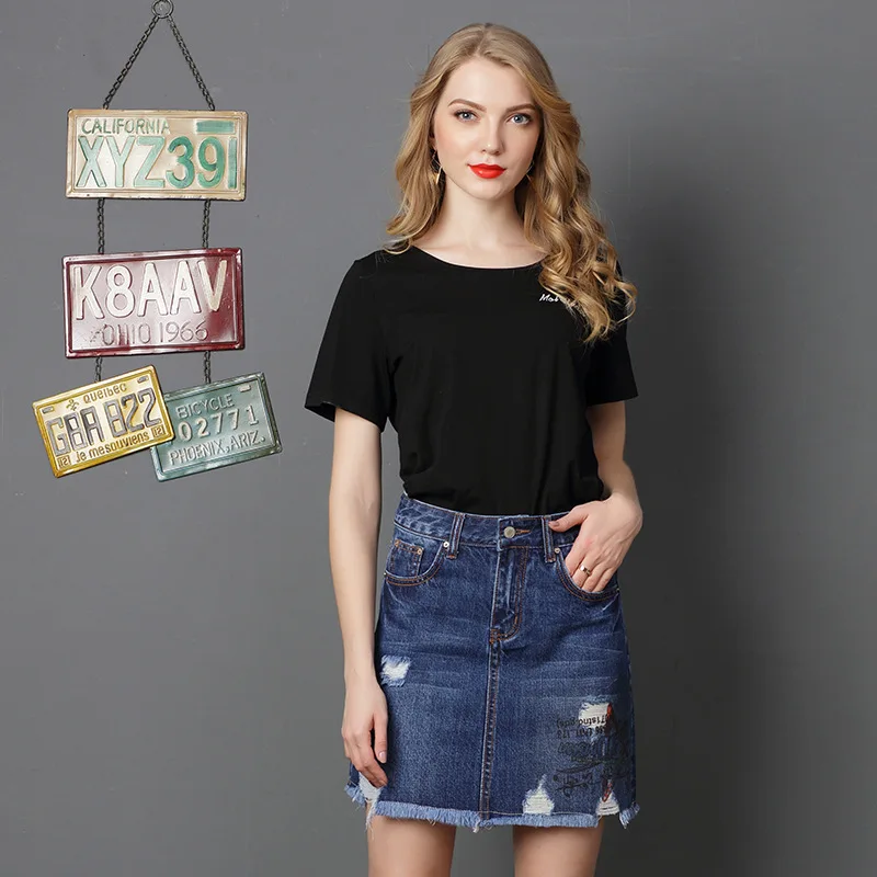 

Women's summer high waist skirt Europe and the United States was thin letters printed denim skirt Hole, worn, cotton A-line skir